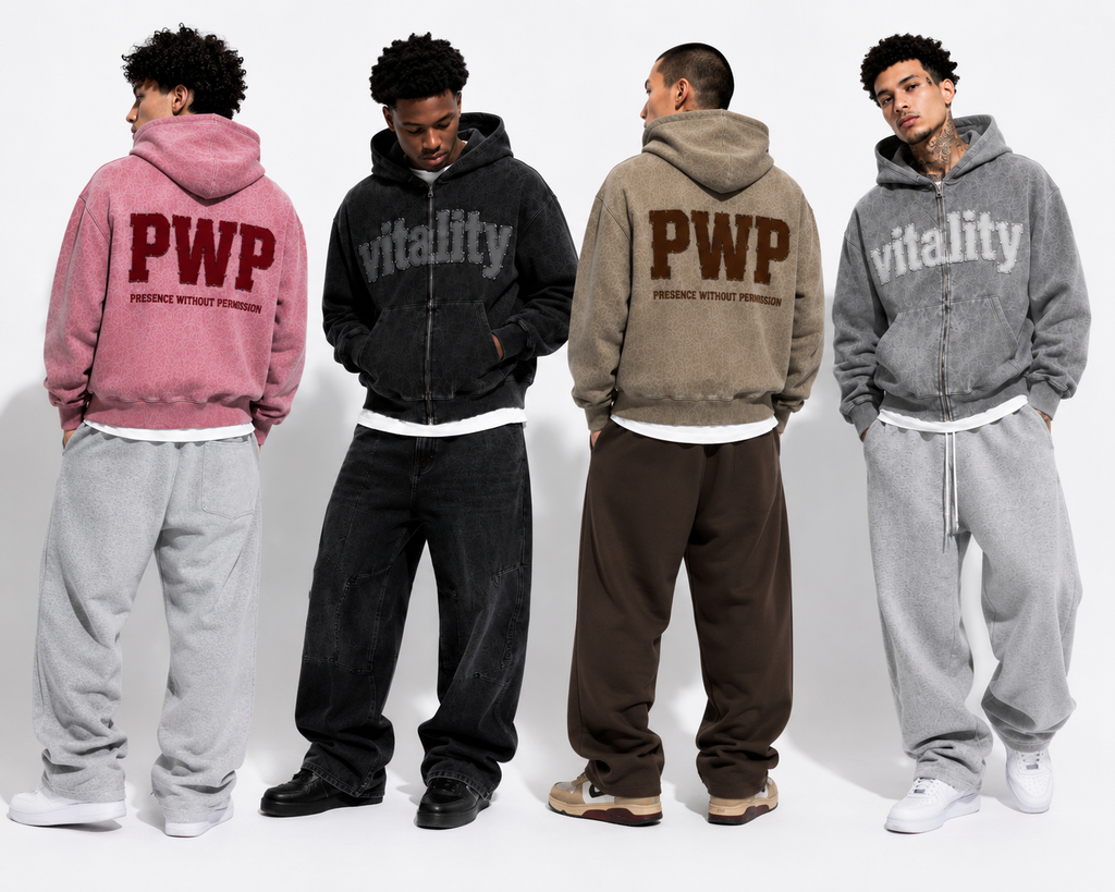 Four models wearing branded hoodies and pants on a white background